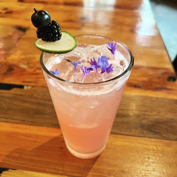Pink cocktail with ice, garnished with a lime slice, blackberry, grape, and purple edible flowers.